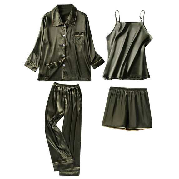 FRSASU Plus size clearance Pajamas Women's Satins Silk Nightwear Tank Tops Shorts Blouse Trousers Four-Piece Pajamas Sets Army Green 12(XXL)