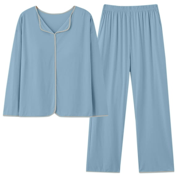 FRSASU Plus size Pajamas Women's Solid Color Long Sleeved Shirt with Chest Pad Pants Home Clothing Pajamas Set Blue 6(M)