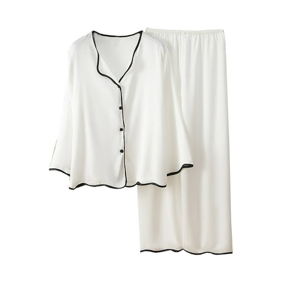 FRSASU Plus size Pajamas Womens Solid Color Pajamas Two Piece Suit Long Sleeve Pants Set Homewear White 6(M)