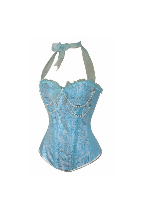 Plus size Pearl Chain Embellished Ribbon Lace Halter Blue Funny Corset Blue 8(L)