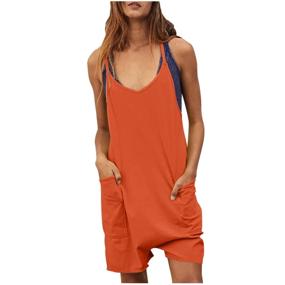 FRSASU Plus size jumpsuit Women's Scoop Solid Neck Sleeveless Short Jumpsuit Rompers with Pockets Orange 10(XL)