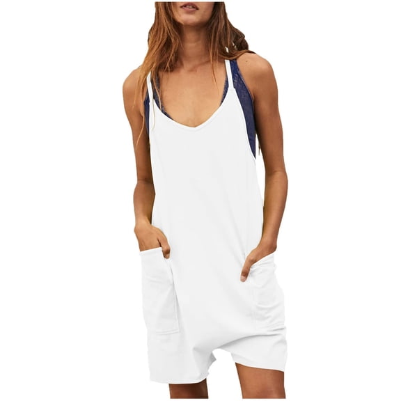 FRSASU Plus size jumpsuit Women's Scoop Solid Neck Sleeveless Short Jumpsuit Rompers with Pockets White 8(L)