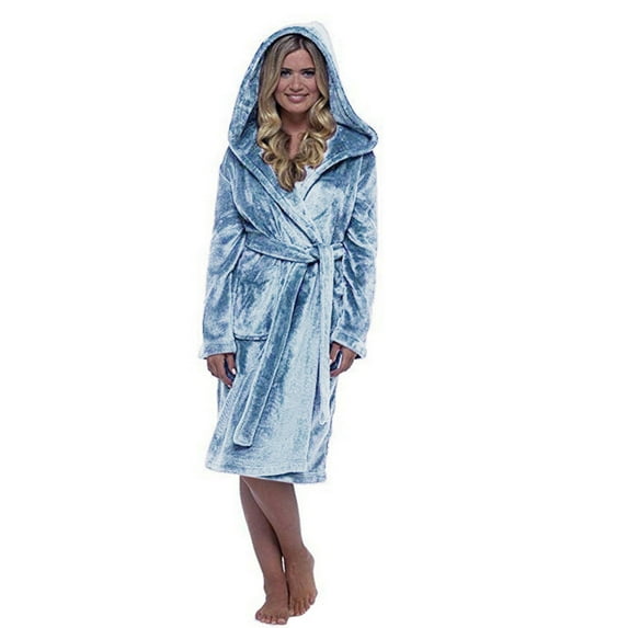 FRSASU Plush Fleece Robe for Women, Long Hooded Bathrobe with Pocket, Plus Size Robes Light Blue