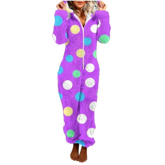 FRSASU Polka Dots Colorful One-Piece Pajamas for Women Onesie Pajamas Hooded Pajamas Long Sleeve Zipper Soft Warm Jumpsuit Purple