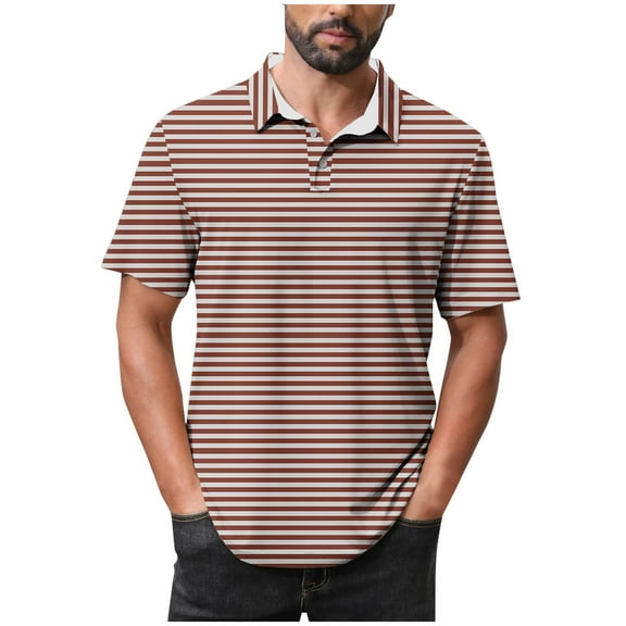FRSASU Polo Shirts for Men Long Sleeve Striped Printing Tops Summer Casual Loose Shirt Brown L