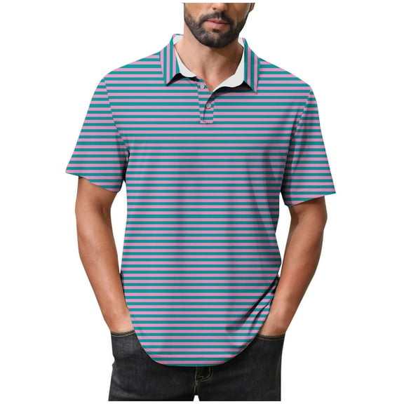 FRSASU Polo Shirts for Men Long Sleeve Striped Printing Tops Summer Casual Loose Shirt Dark Blue 3XL