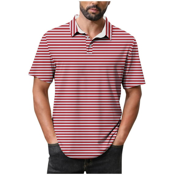 FRSASU Polo Shirts for Men Long Sleeve Striped Printing Tops Summer Casual Loose Shirt Hot Pink XXL