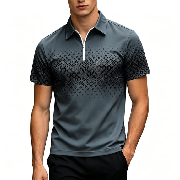 FRSASU Polo Shirts for Men Loose Fit Short Sleeve Contrast Color Print Quarter-Zip Golf Shirt Summer Spring Casual Tops Gray