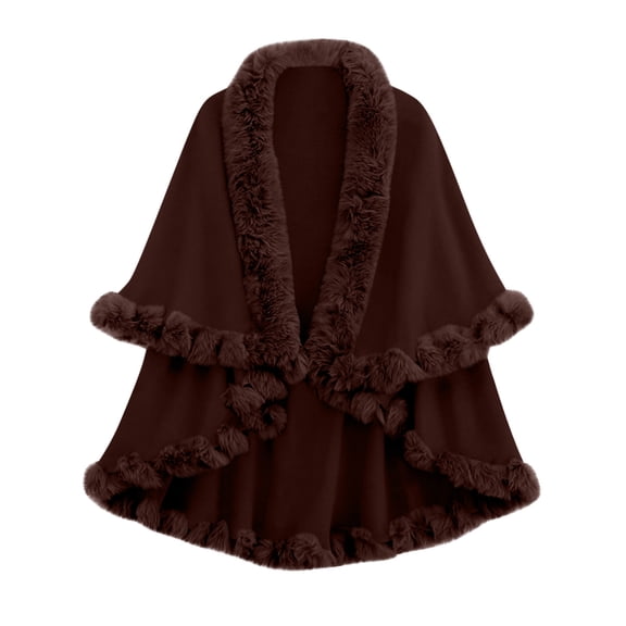 FRSASU Ponchos for Women Shawls and Wraps Evening Dresses Faux Plush Collar Cloak Cape Pashmina Plus Size Knit Cardigan Coffee