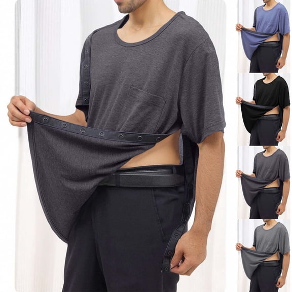 FRSASU Post Shoulder Surgery Shirts for Men Full Snap Open Short Sleeve T Shirt Chemo Port Access Tee Rotator Cuff Surgery Gray