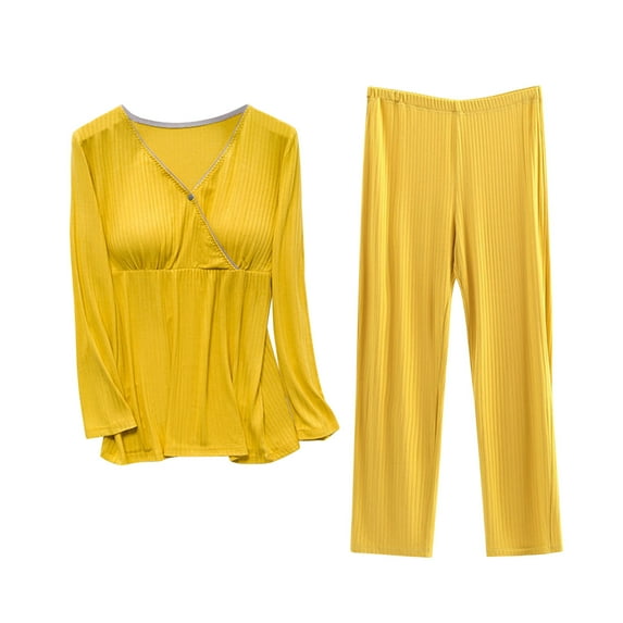FRSASU Pregnant Womens Nursing Color Round Neck Long Sleeve Round Neck Breastfeeding Blouse Pants Two Piece Set Yellow XL