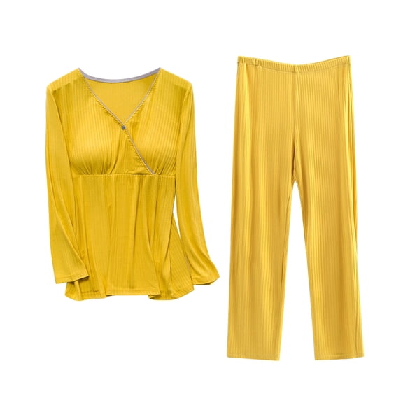 FRSASU Pregnant Womens Nursing Color Round Neck Long Sleeve Round Neck Breastfeeding Blouse Pants Two Piece Set Yellow XXL