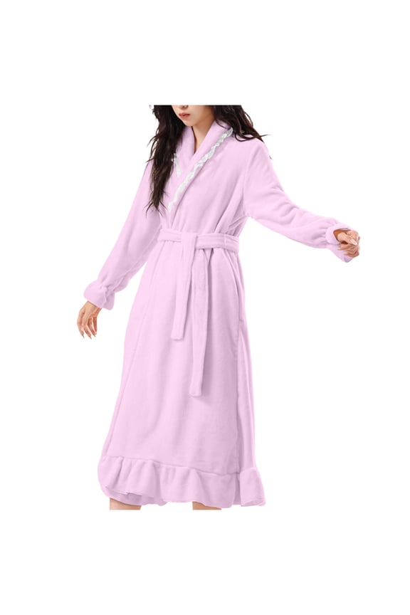 Premium Womens Robe, Coral fleece Ruffled Long Bath Robe for Women, Fluffy Soft Women's Bathrobe with Pocket Purple