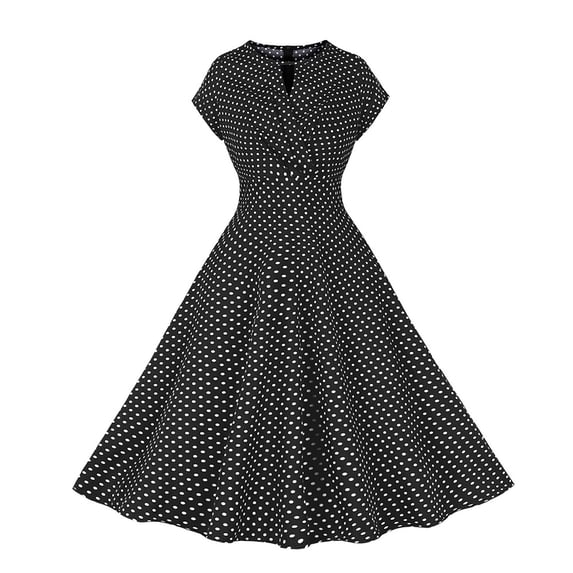 FRSASU Prom Dresses Women Vintage Polka Dot Homecoming Swing Dress Rockabilly Cap Sleeve Knee Length Swing Dresses Black