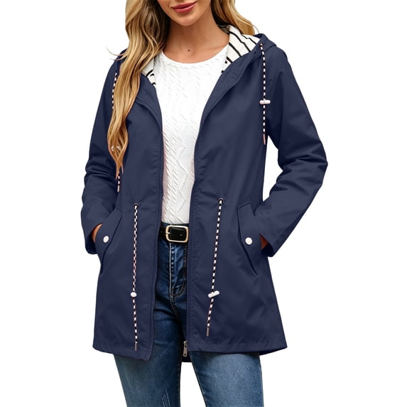 FRSASU Rain Jacket for Women Windbreaker Striped Raincoats Waterproof Lightweight Climbing Outdoor Hooded Trench Coats Navy