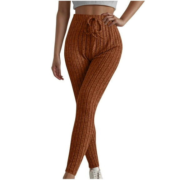 FRSASU Ribbed Knit Pants for Women Casual Elastic Waist Drawstring Sweatpants Solid Color Trousers Orange