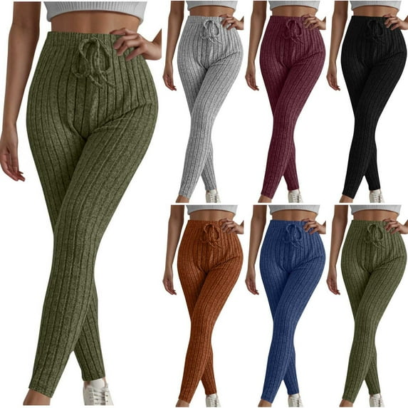 FRSASU Ribbed Knit Pants for Women Casual Elastic Waist Drawstring Sweatpants Solid Color Trousers Wine