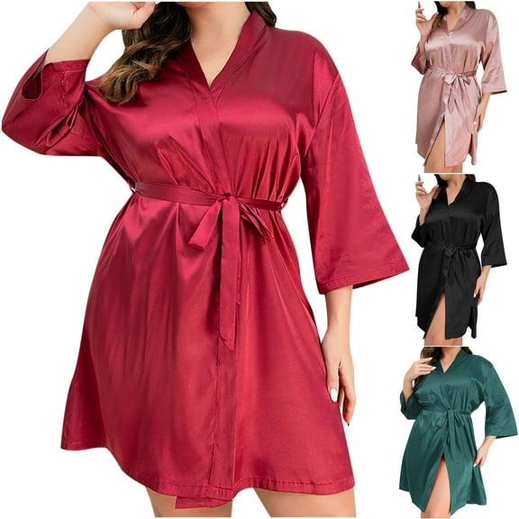 FRSASU Robes for Women Solid Color Tied Bathrobe Home Clothes Can Be Worn Outside Ice Silk Soft Pajamas Red