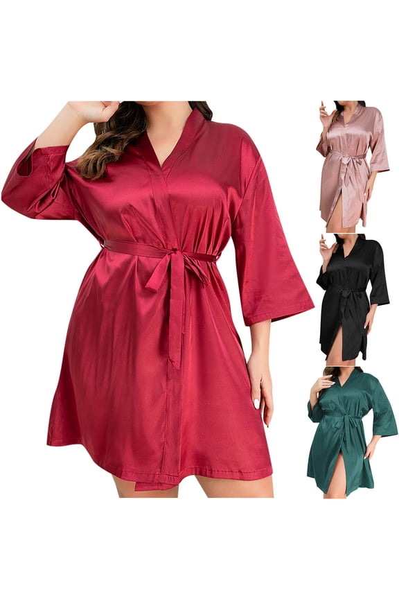 Robes for Women Solid Color Tied Bathrobe Home Clothes Can Be Worn Outside Ice Silk Soft Pajamas Red