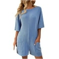 thumbnail image 1 of FRSASU Rompers for Women Summer Casual Short Sleeve Jumpsuits Crew Neck Loose Fit One Piece Outfits with Pockets Clothes Blue, 1 of 9