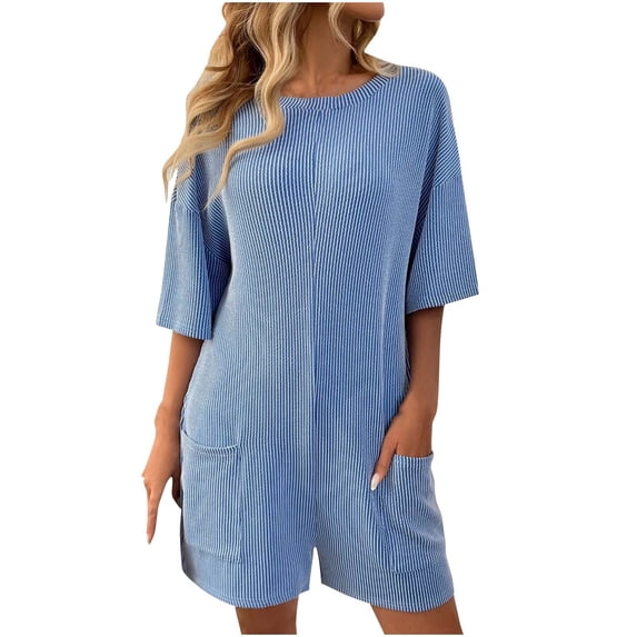 FRSASU Rompers for Women Summer Casual Short Sleeve Jumpsuits Crew Neck Loose Fit One Piece Outfits with Pockets Clothes Blue