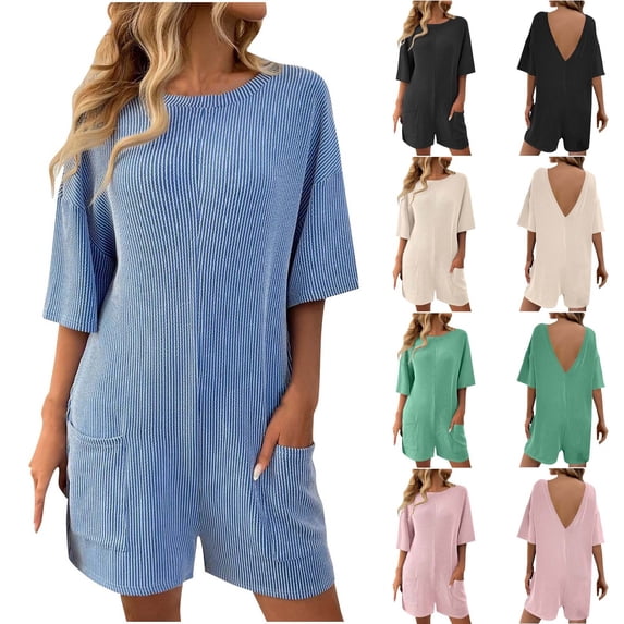 FRSASU Rompers for Women Summer Casual Short Sleeve Jumpsuits Crew Neck Loose Fit One Piece Outfits with Pockets Clothes Pink