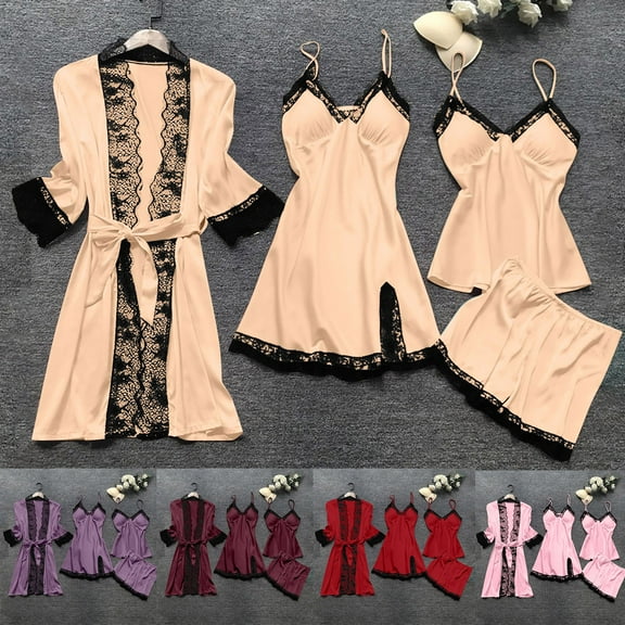 FRSASU Satin Pajama Set for Women 4 Piece Silk Pajama Set Lace Nightgown and Robe Sets Sleepwear Set Wine