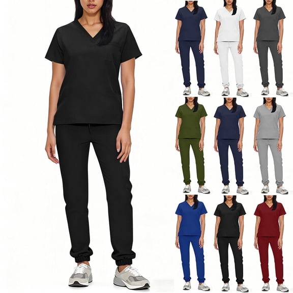 FRSASU Scrub Sets for Woman Essential Jogger Scrub Set Nursing Uniform Stretch V-Neck Top & Drawstring Cargo Pants White