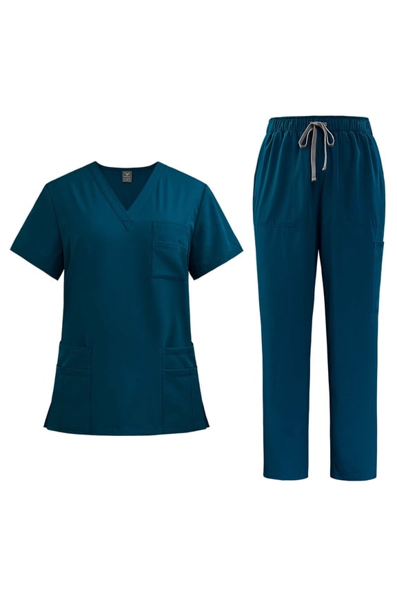 Scrub Sets for Woman Essential Jogger Solid V-Neck Short Sleeve Top Drawstring Pants Set Doctor Nurse Comfortable Work Clothes Set Navy