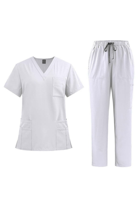 Scrub Sets for Woman Essential Jogger Solid V-Neck Short Sleeve Top Drawstring Pants Set Doctor Nurse Comfortable Work Clothes Set White