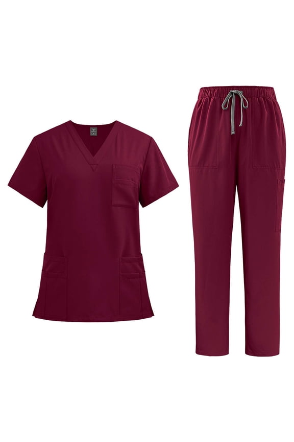 Scrub Sets for Woman Essential Jogger Solid V-Neck Short Sleeve Top Drawstring Pants Set Doctor Nurse Comfortable Work Clothes Set Wine