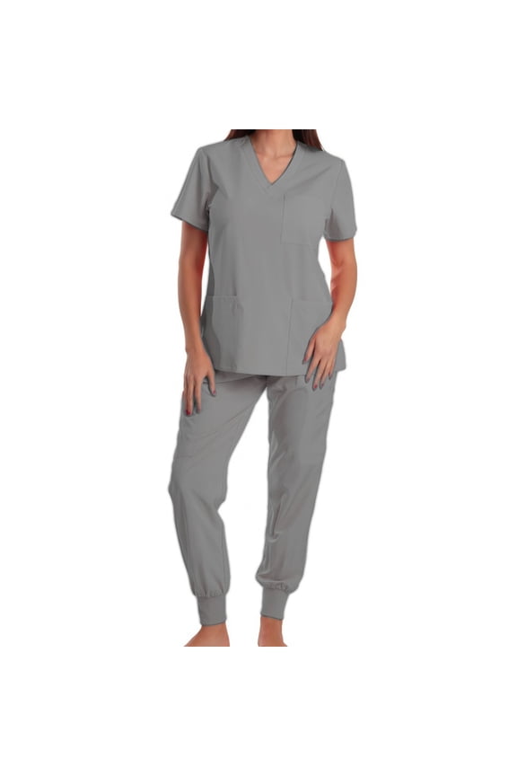Scrub Sets for Woman Essential Jogger V-Neck Short Sleeve Top Set Doctor Nurse Comfortable Work Clothes Set Gray