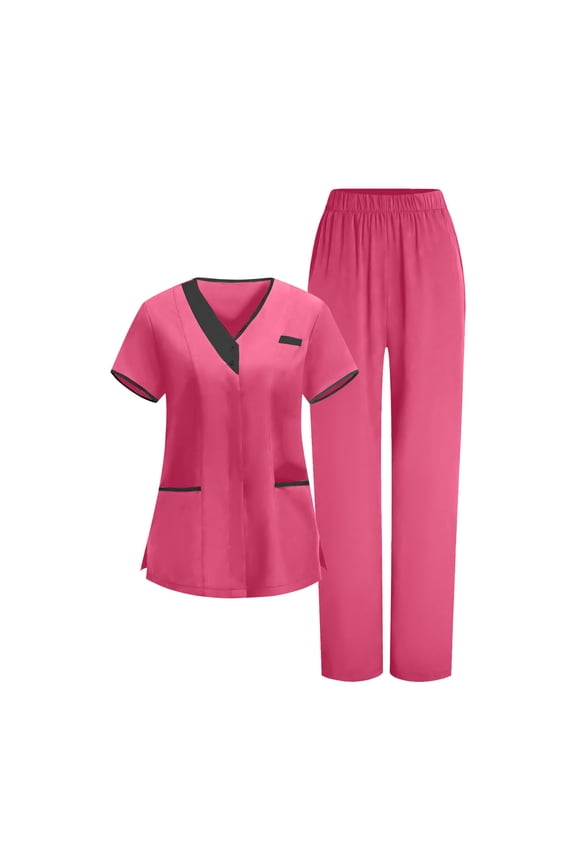 Scrubs Set for Women Medical Uniform Stretch V Neck Top & Straight Leg Pants with Pockets for Nurse Workwear Hot Pink
