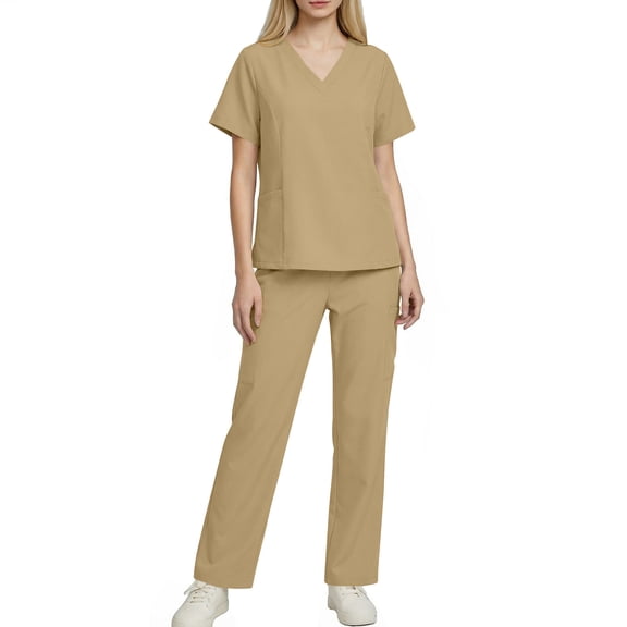 FRSASU Scrubs for Women Set Casual Solid Medical Uniform Stretch V-Neck Scrub Top & Jogger Pant with Pockets Beige