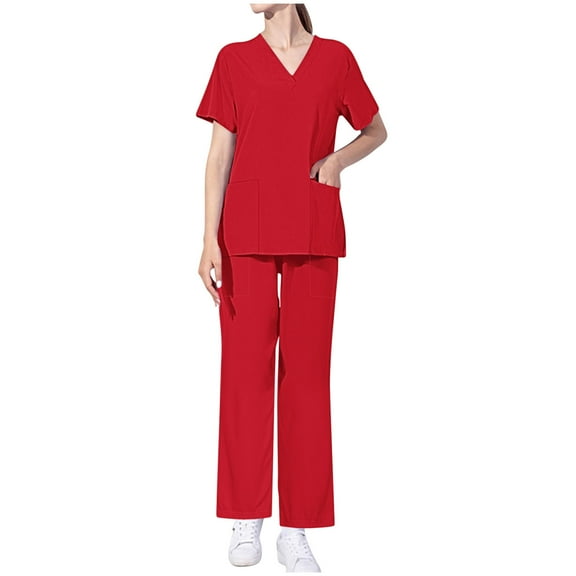 FRSASU Scrubs for Women Set Medical Uniform - V Neck Top & Straight Leg Pants with Pockets,Womens Workwear Red