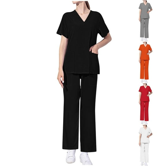 FRSASU Scrubs for Women Set Medical Uniform - V Neck Top & Straight Leg Pants with Pockets,Womens Workwear White