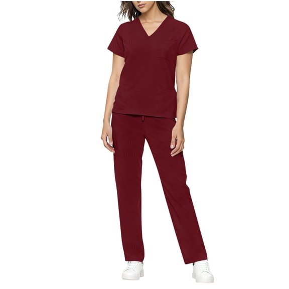 FRSASU Scrubs for Women Set Stretch V-Neck Scrub Top & Jogger Pant - Quick Dry Nurse Uniforms Women Set with Multi Pockets Wine