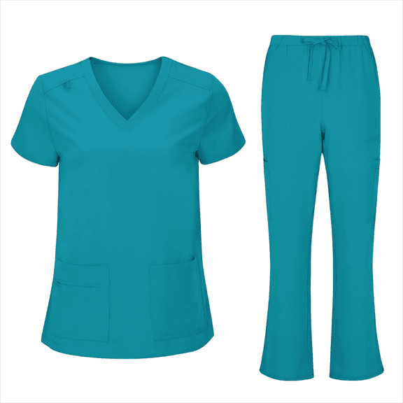 FRSASU Scrubs for Women Set with Pocket V-Neck Top, Drawstring Stretch Jogger Pants, Medical Workwear for Nurses, Pet Care Sky Blue S(S)