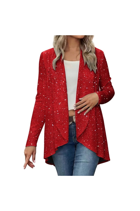Sequin Cardigans for Women Sparkly Long Sleeve Party Loose Fit Open Front Coat Fashion Solid Color Glitter Jacket Red