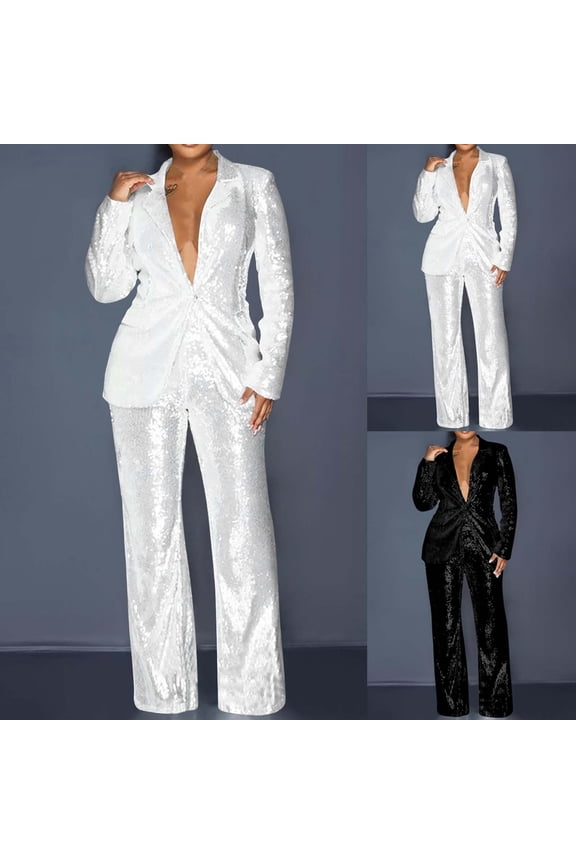 Sequin Pants Suit for Women Dressy Wide Leg Pants Suit Sparkly Two Piece Set Party Shiny Glitter 2 Piece Outfits White