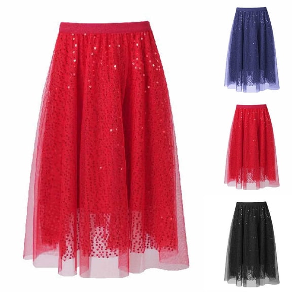 FRSASU Sequin Skirt Spring Summer Elastic High Waisted A-Line Sparkle Pleated Mesh Skirts for Holiday Party Red