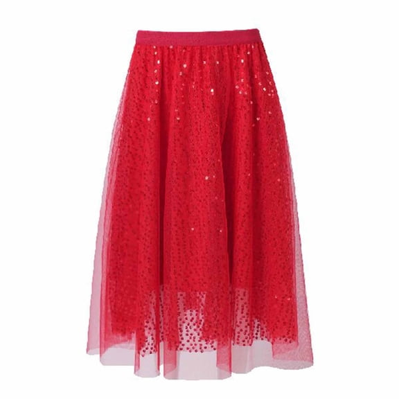 FRSASU Sequin Skirt Spring Summer Elastic High Waisted A-Line Sparkle Pleated Mesh Skirts for Holiday Party Red