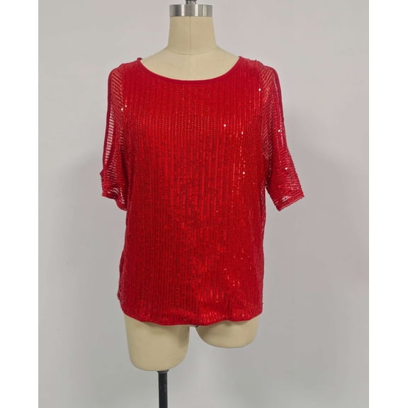 FRSASU Sequin Tops Women Sparkly Shirt: Party Top Sparkle Shirts Glitter Cold Shoulder V Neck Blouses Evening Club Clothes Red