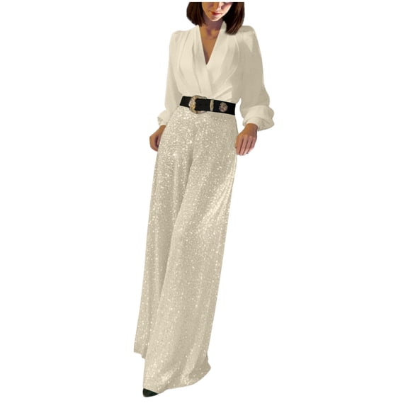 FRSASU Sequins Jumpsuit for Women Long Sleeve Sparkly Jumper V Neck Belted Wide Leg Pants Sets Evening Party Jumpsuit Beige