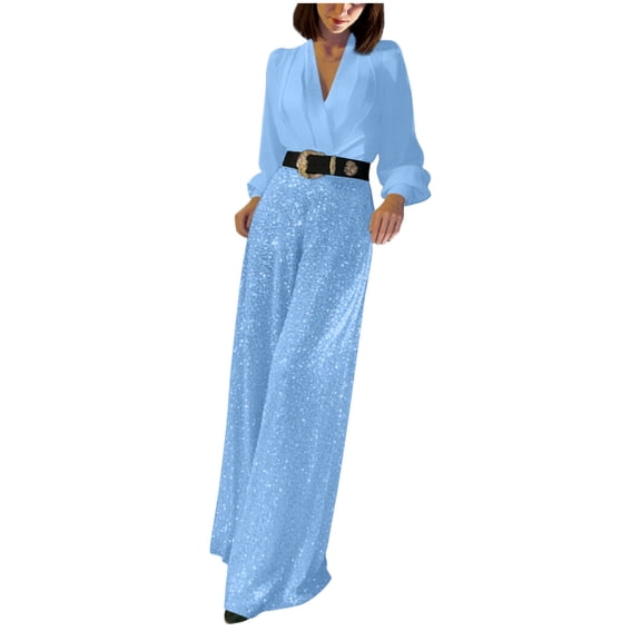 FRSASU Sequins Jumpsuit for Women Long Sleeve Sparkly Jumper V Neck Belted Wide Leg Pants Sets Evening Party Jumpsuit Blue
