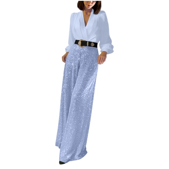 FRSASU Sequins Jumpsuit for Women Long Sleeve Sparkly Jumper V Neck Belted Wide Leg Pants Sets Evening Party Jumpsuit White