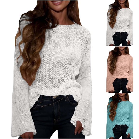 FRSASU Sequins Tops for Women Fall Winter Fashion Hollow Out Shirts Crewneck Long Sleeve Loose Pullover Tops White