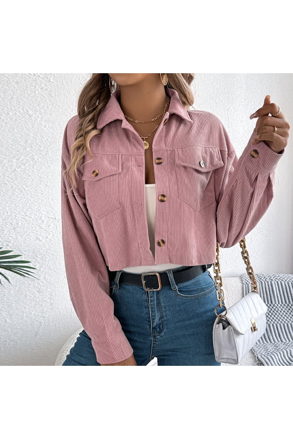 Shackets for Women Button Up Corduroy Loose Comfy Jacket with Pockets Long Sleeve Cropped Jacket Lapel Coat Pink