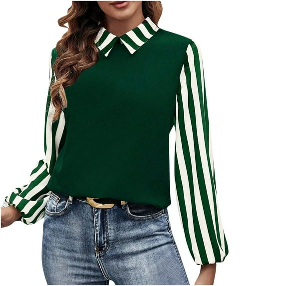 FRSASU Shirt for Women Striped Lapel Long Sleeve Polo Shirts Oversized Color Block Sweatshirt Vintage Pullover Top Green