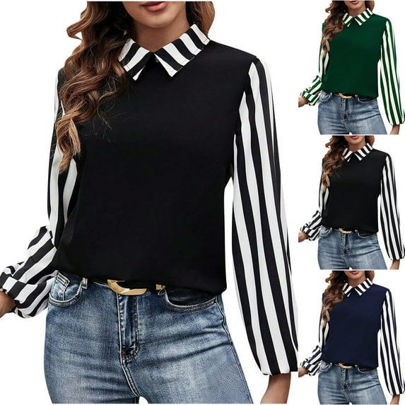 FRSASU Shirt for Women Striped Lapel Long Sleeve Polo Shirts Oversized Color Block Sweatshirt Vintage Pullover Top Navy